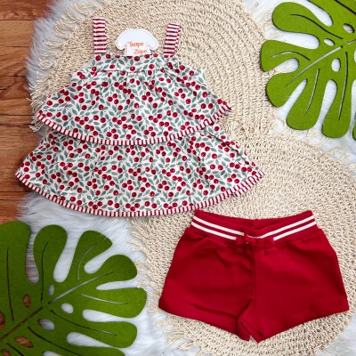 Conj. Batinha Mini Cerejinhas e Short - Areia e Vermelho